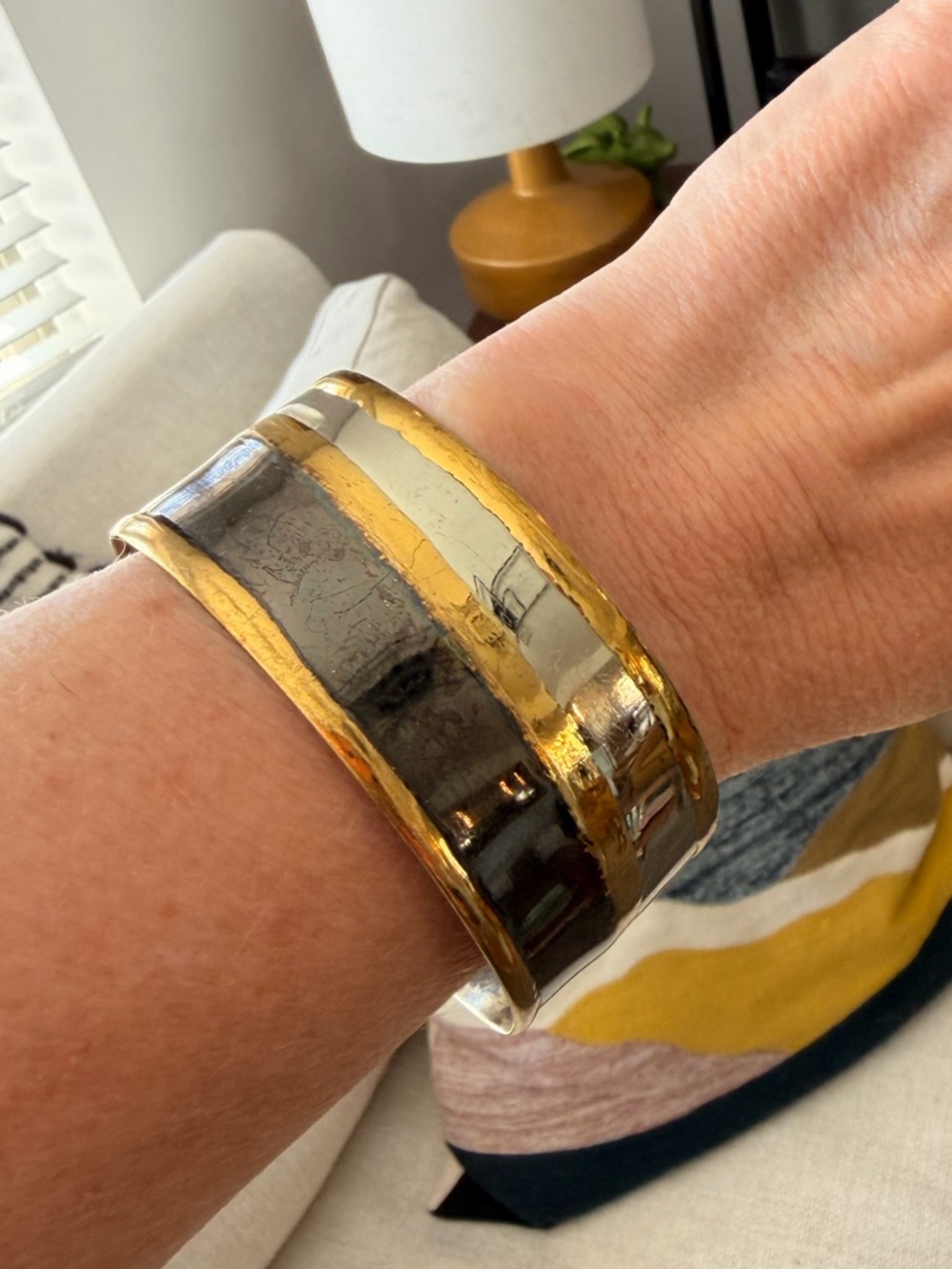 Wide TriTone Metal Cuff Bracelet - Gold, Black & Silver - Picture 1 of 6